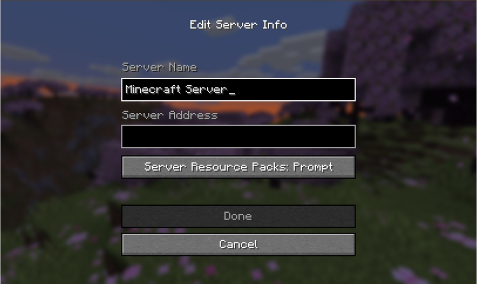 Enter the server information. Server name can be anything: it’s only an identification so you’ll be able to separate it from other servers and it cannot be seen by other players. Server address is a combination of 10 numbers in the form of XX.XXX.XX.XXX or an internet address. The address for the Excalibur project is vm1250.kaj.pouta.csc.fi. Set server resource packs to Prompt. Once you have entered all information, click Done.