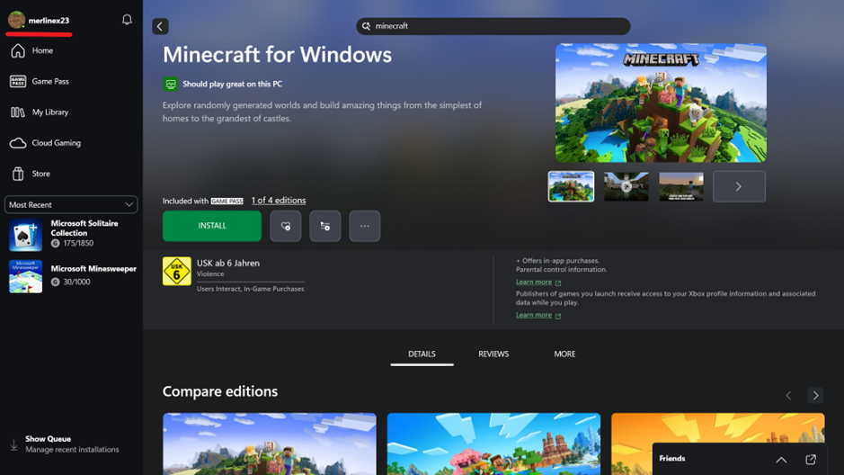 After checking the dependencies, find Minecraft for Windows in the app. Make sure that you’re logged in to the correct account (=project account) by checking the upper left corner. Click Install to install the game.