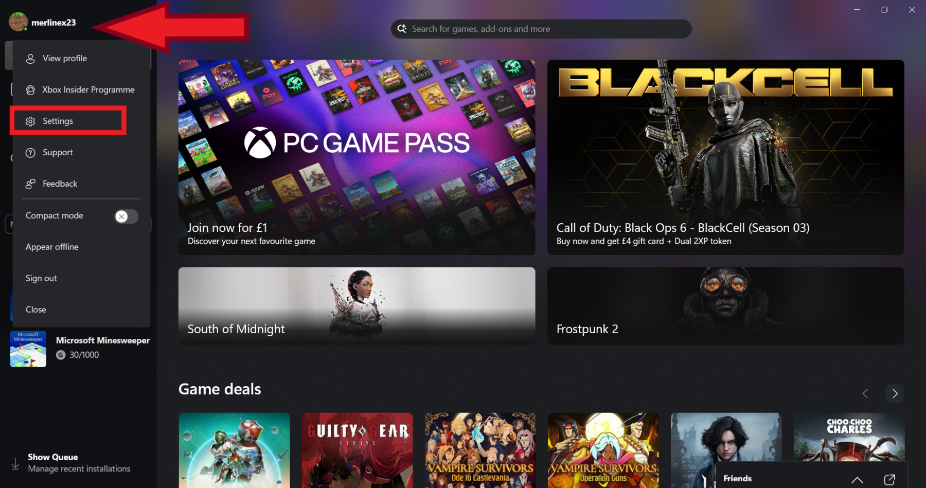 Open the Xbox app. Click the account name in the upper left corner and choose Settings.